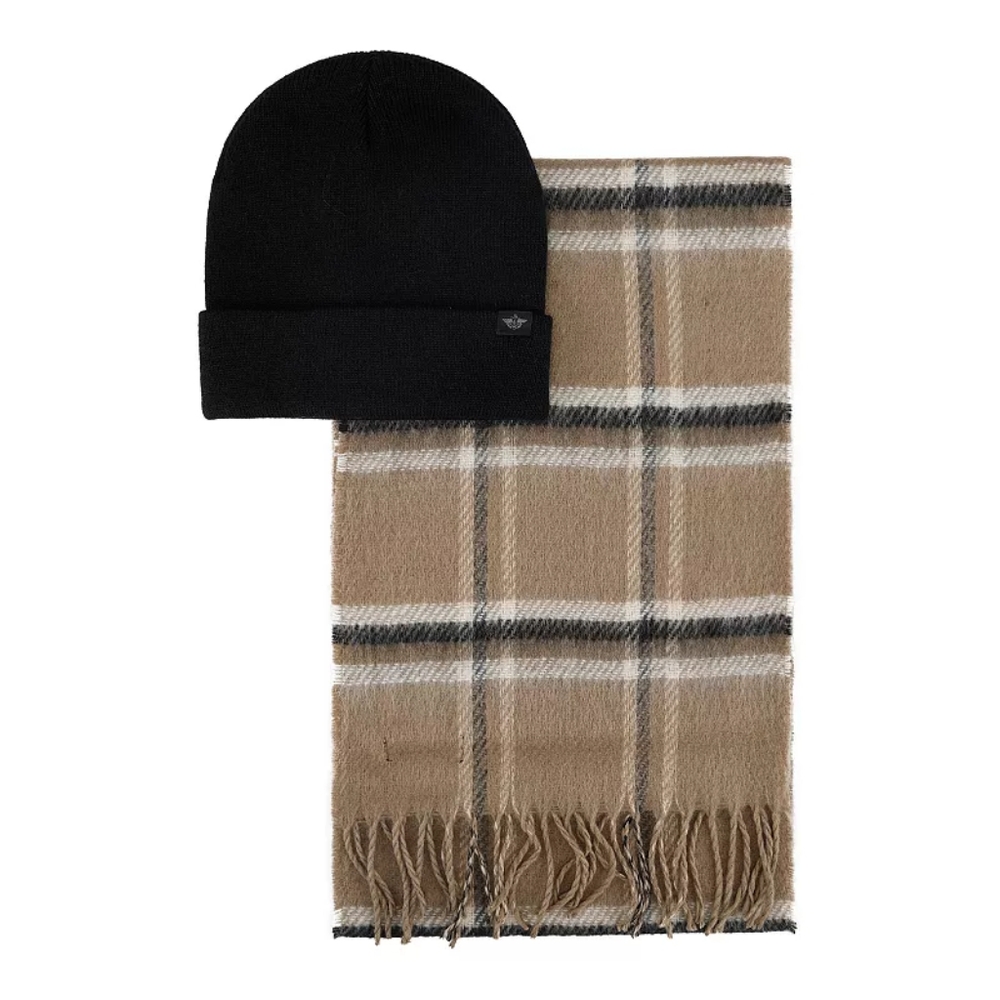 NWT "Dockers" Men's Black/Khaki Scarf and Black Beanie Set